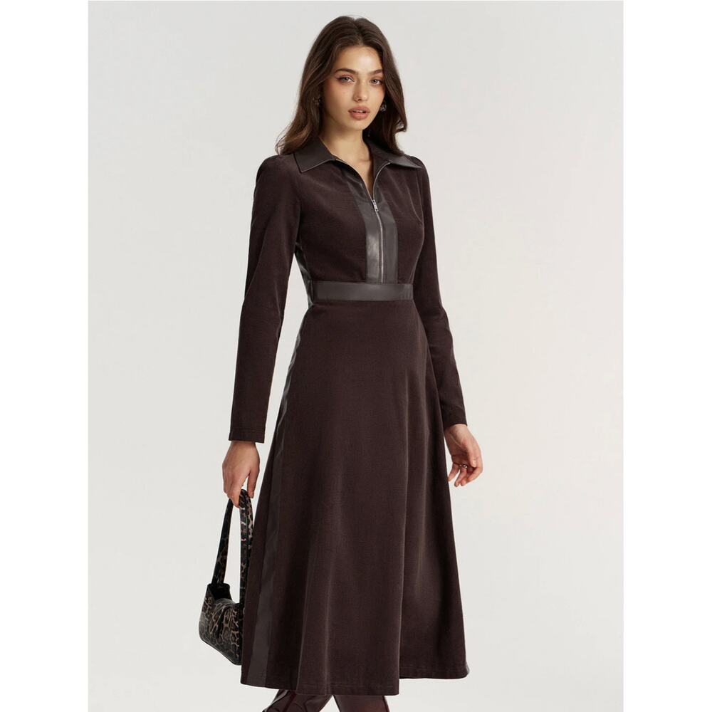 NWT Women's Commense Faux Leather Panel Corduroy Midi Dress Sz M